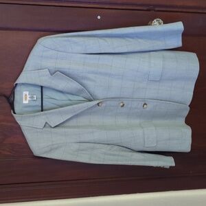 Talbots Vintage Light Blue Slight Plaid Shoulder Pad 3 Button Silk Blazer Sz 18